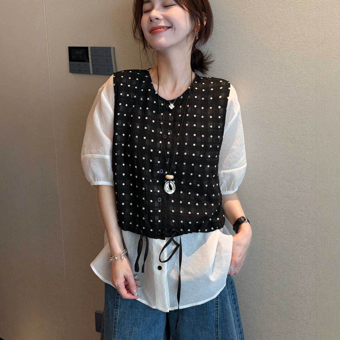 假两件波点马甲背心衬衫上衣女欧洲站2026夏装新款欧货女装小衫潮