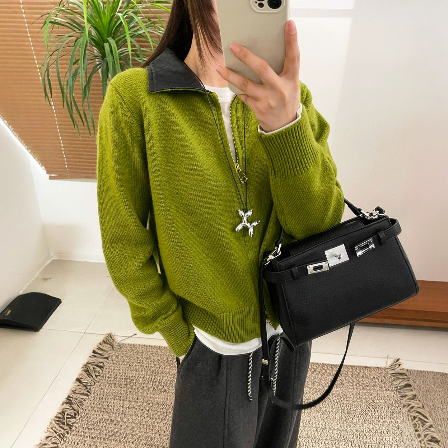 撞色翻领细羊毛针织开衫女欧洲站