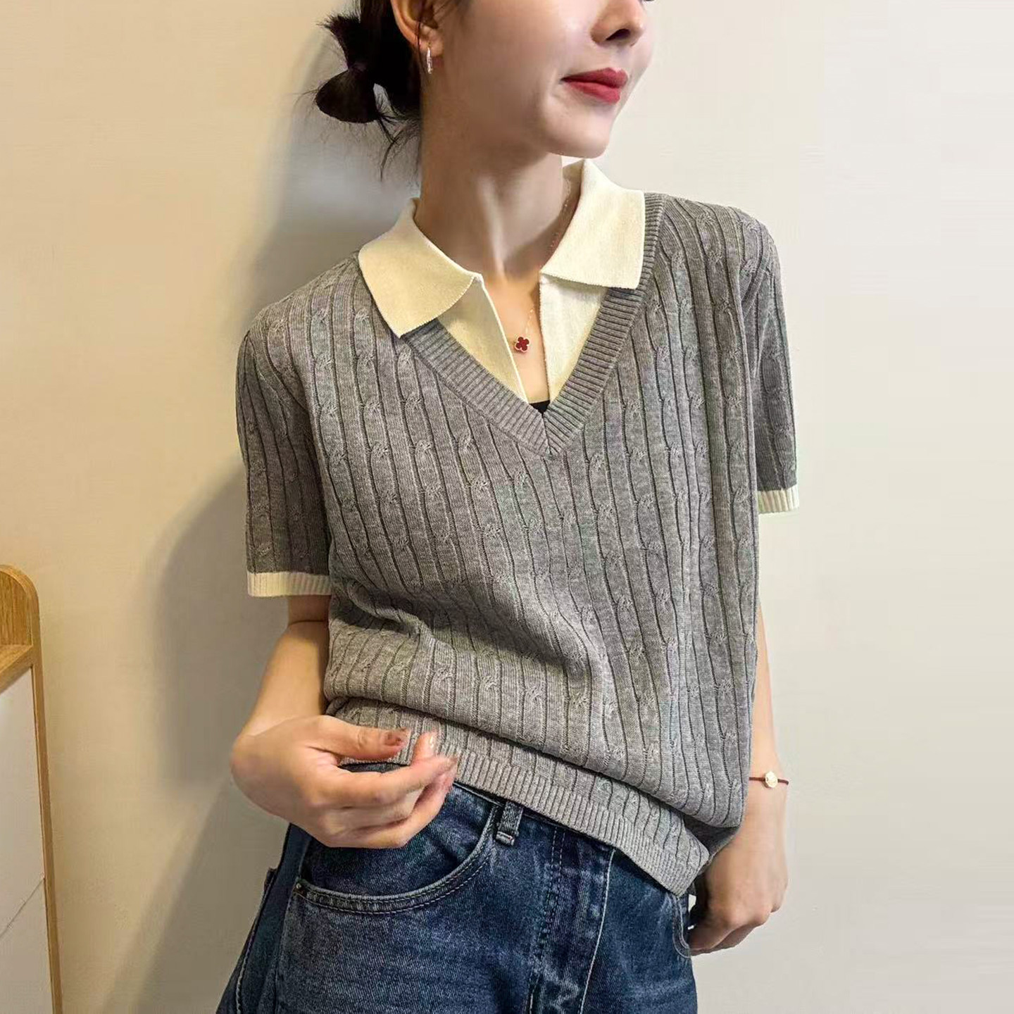 假两件翻领冰丝针织衫女欧洲站2026春装新款欧货女装短袖打底衫潮