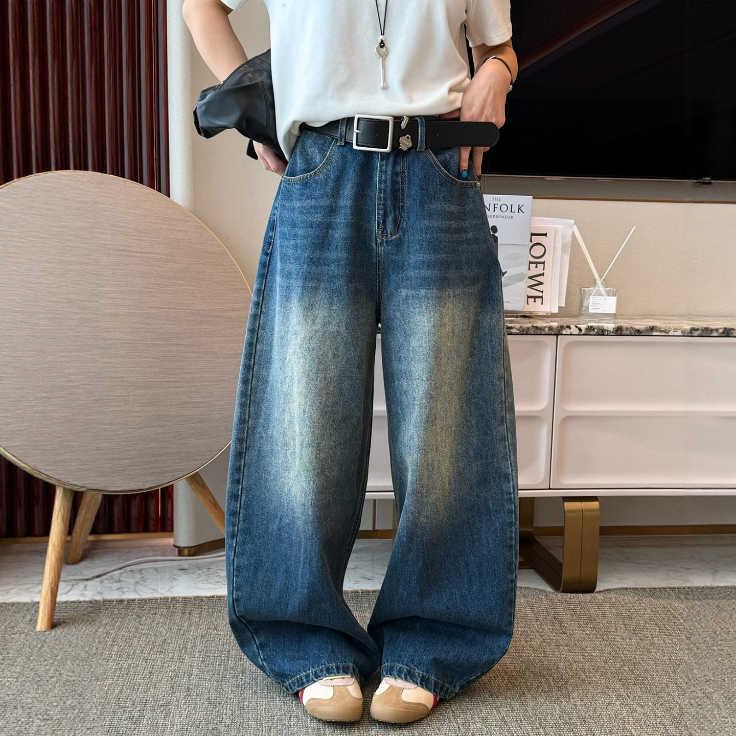 拖地做旧阔腿牛仔裤女欧洲站2026春装新款欧货女装时尚直筒裤子潮