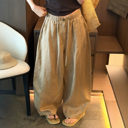 抽绳系带麻料弯刀阔腿裤女欧洲站2026夏季新款欧货女装休闲裤子潮