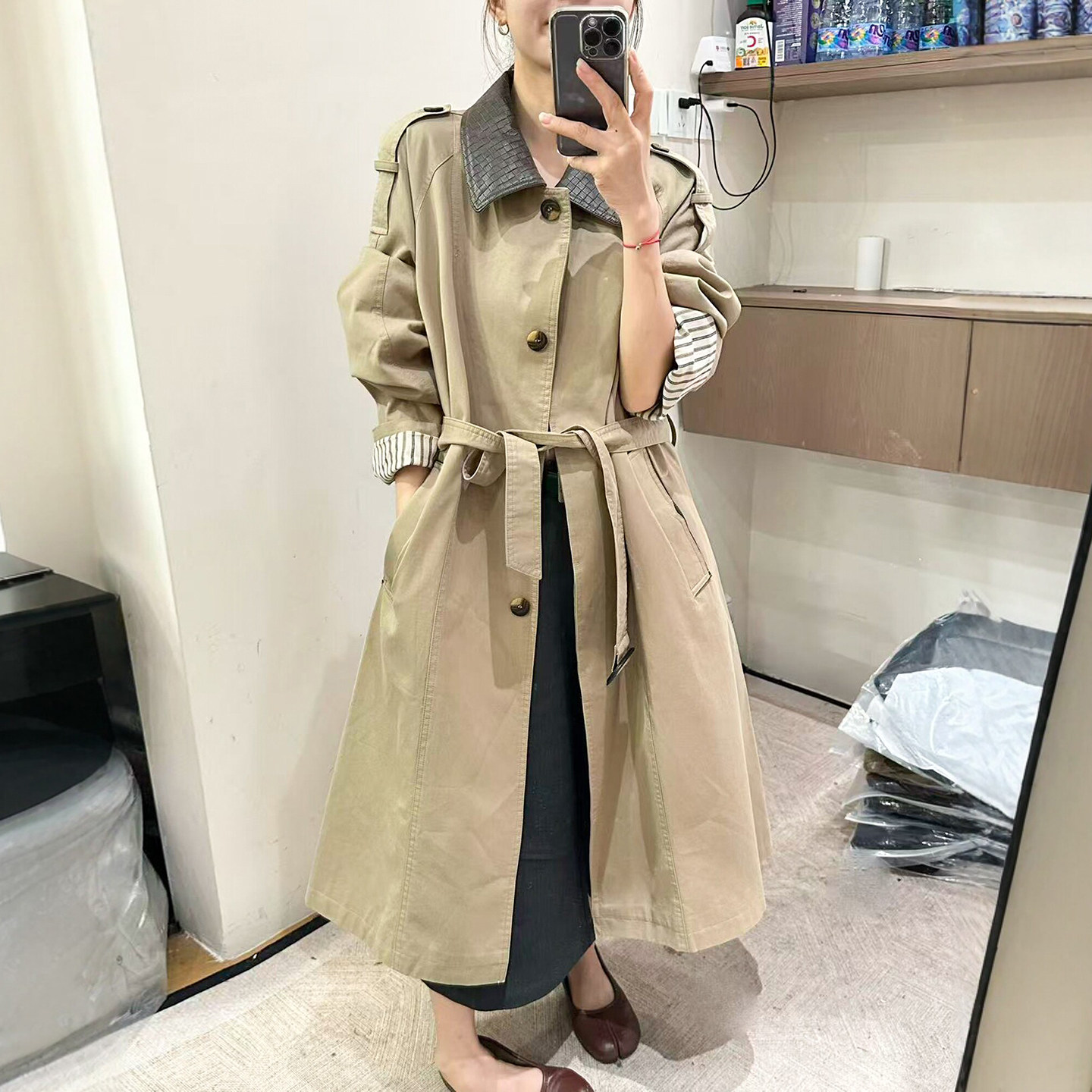 撞色翻领收腰风衣外套女欧货上衣
