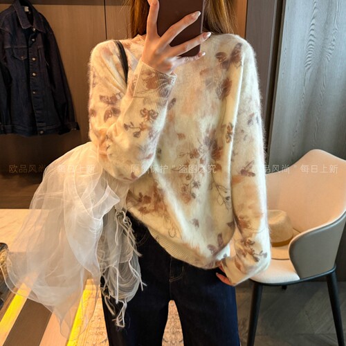 蝴蝶印花羊毛拉绒针织衫女欧洲站