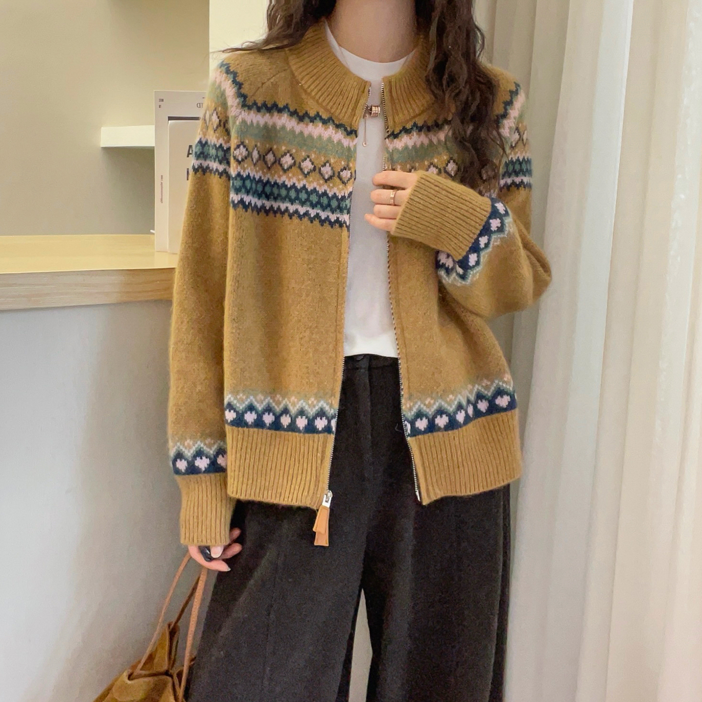 复古提花山羊绒针织开衫女欧洲站