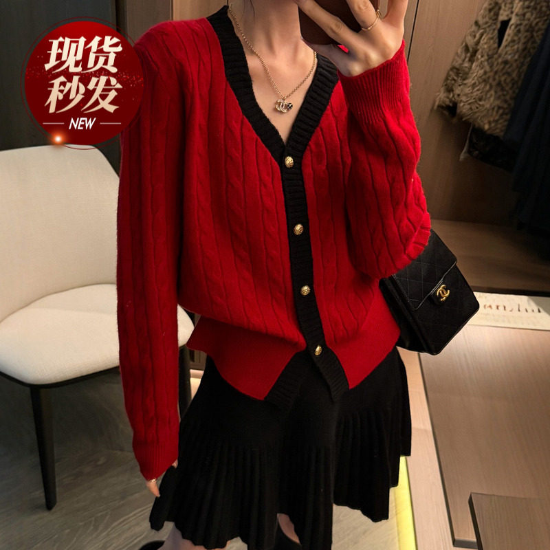 小香风麻花纹羊毛针织开衫女欧洲站2025冬装新款欧货女装打底衫潮,女装/女士精品,毛针织衫,淘宝优惠券,粉丝福利购,淘宝优惠卷