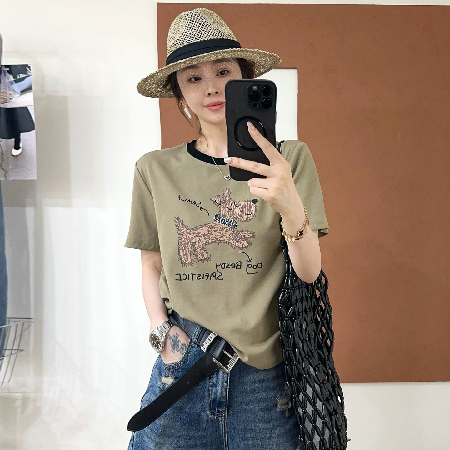 小狗印花修身短袖T恤女欧洲站2026夏装新款欧货女装时尚打底衫潮