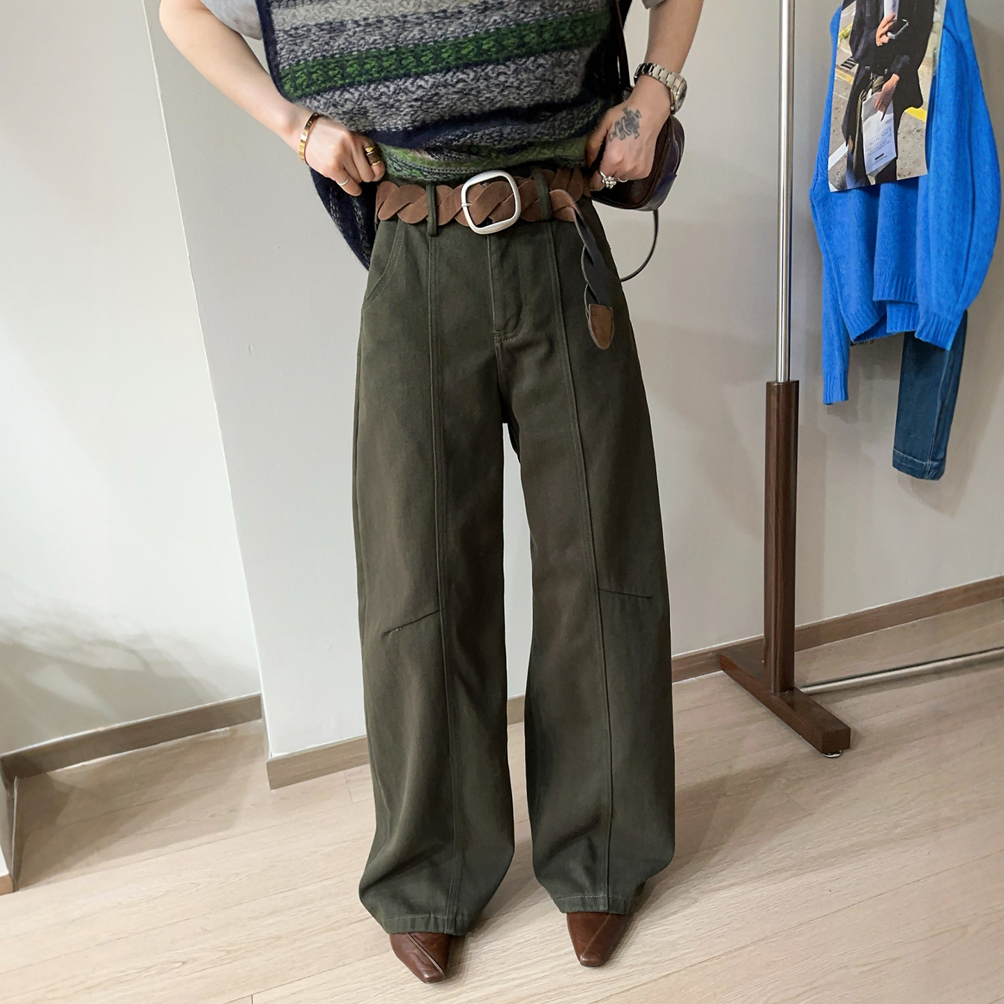 军绿色拖地阔腿牛仔裤女欧洲站2025秋装新款欧货女装时尚直筒裤潮