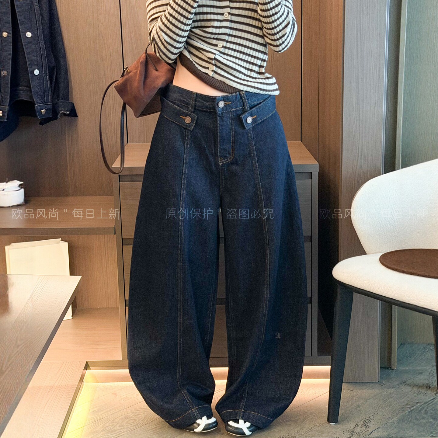 深蓝色弯刀阔腿牛仔裤女欧货裤子