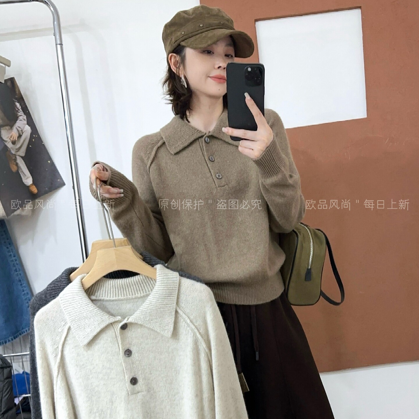 老钱风翻领羊绒针织衫女欧货上衣