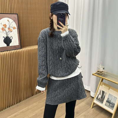 复古压棉卫衣T恤半身裙三件套装