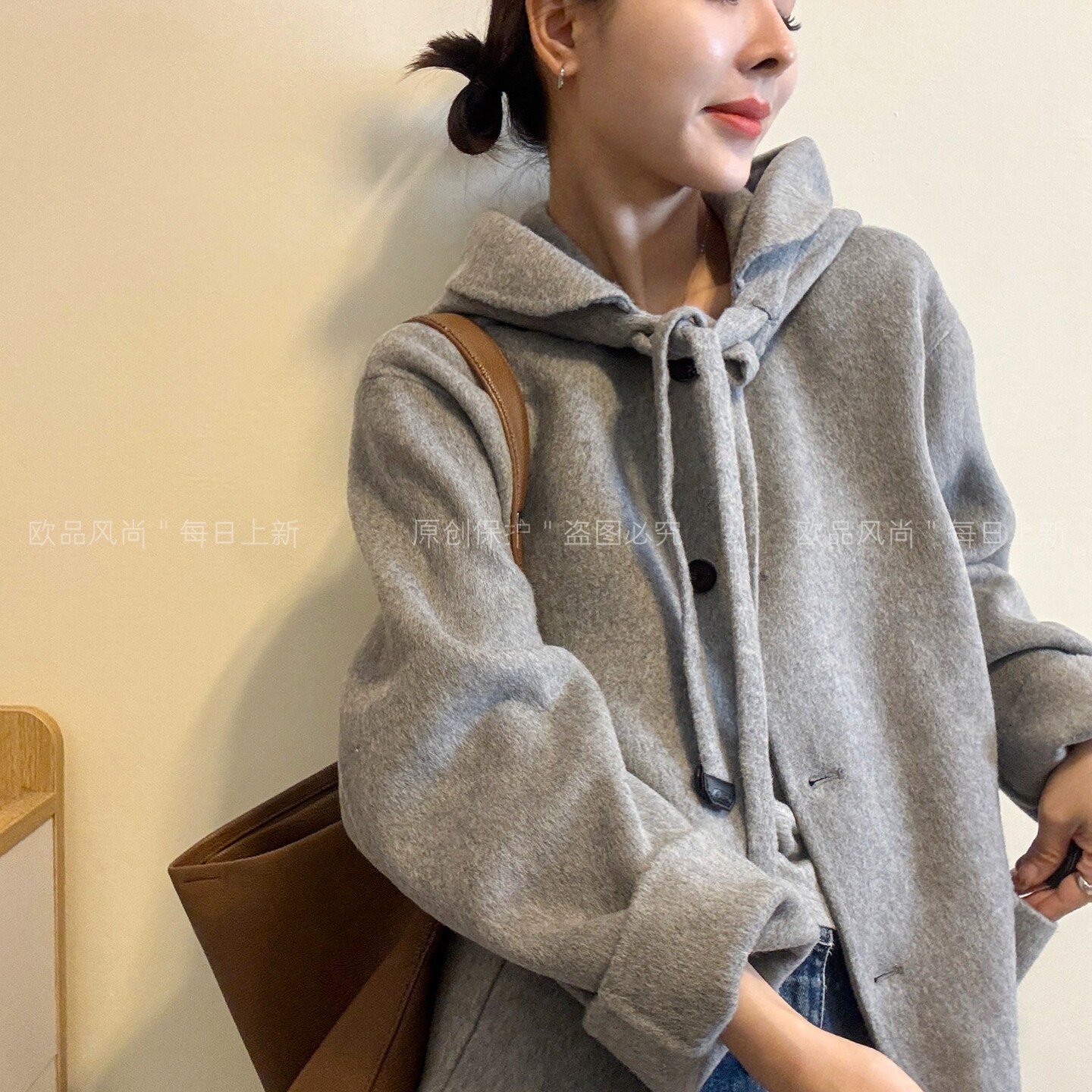 抽绳连帽双面羊绒大衣女欧货外套