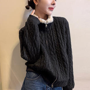 羊羔毛领羊毛呢加绒卫衣开衫外套女欧洲站2025冬装新款欧货女装潮