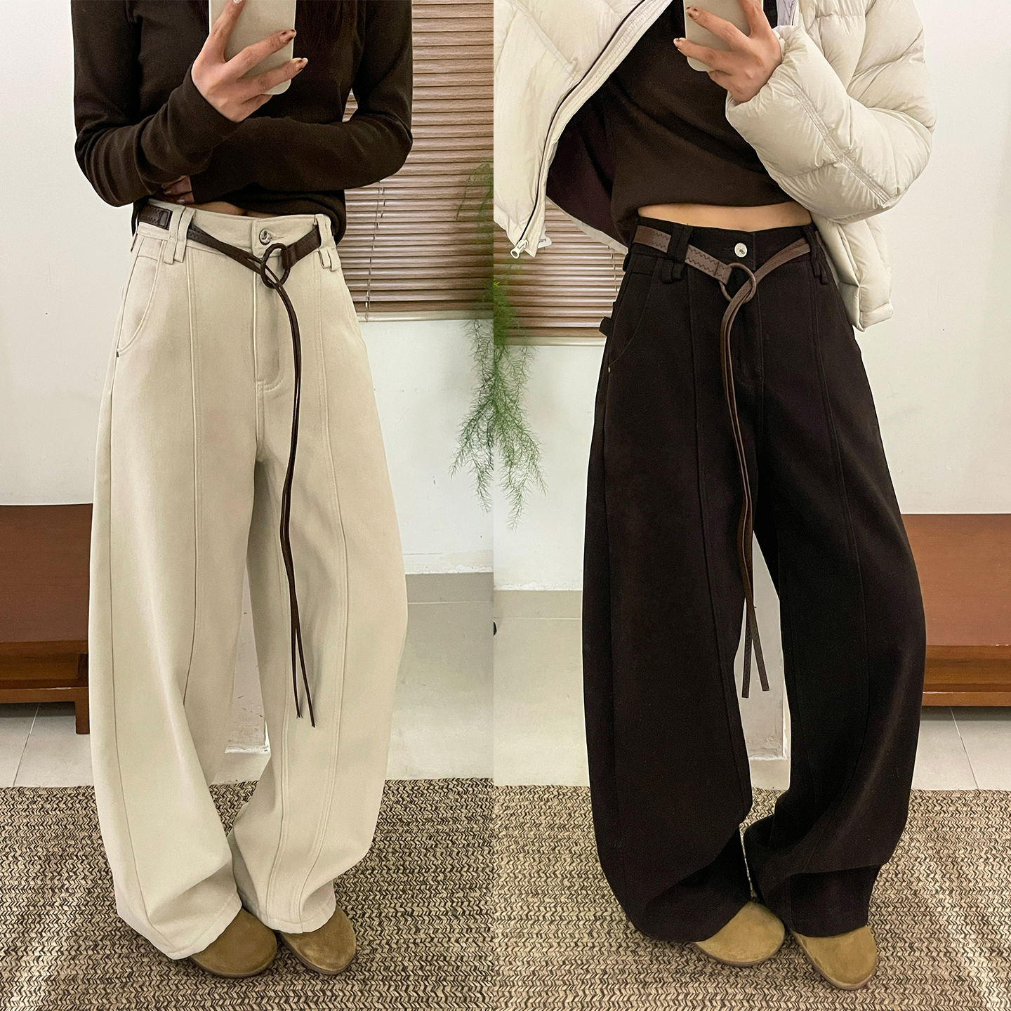 配腰带加绒阔腿牛仔裤女欧洲站2025冬装新款欧货女装加厚直筒裤潮