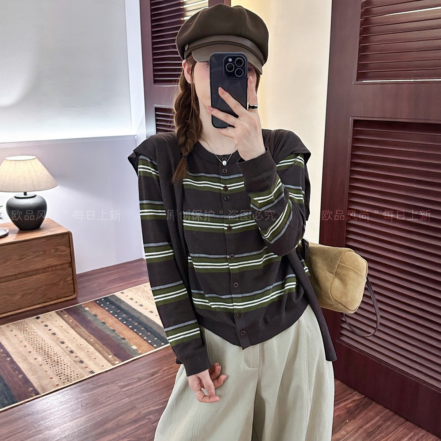 配披肩条纹羊毛针织开衫女欧洲站
