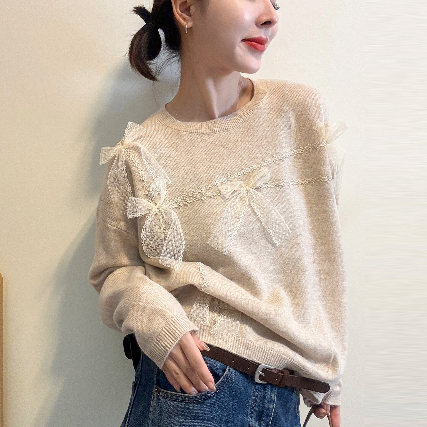 蕾丝蝴蝶结羊毛针织衫女欧货毛衣