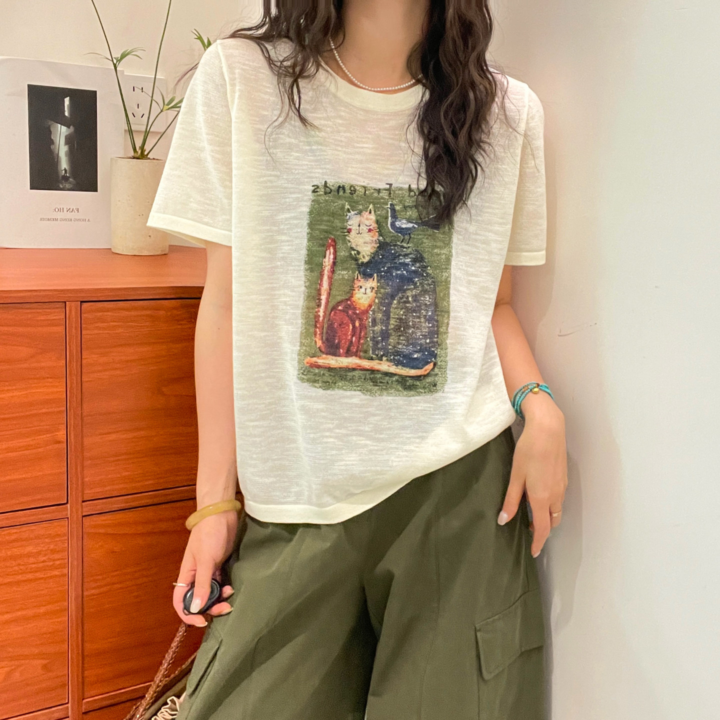 小猫印花亚麻短袖T恤女欧洲站2026夏季新款欧货女装时尚打底衫潮