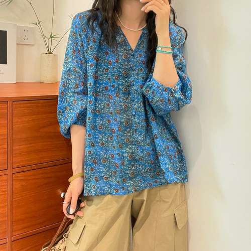 复古碎花V领苎麻衬衫女欧洲站潮