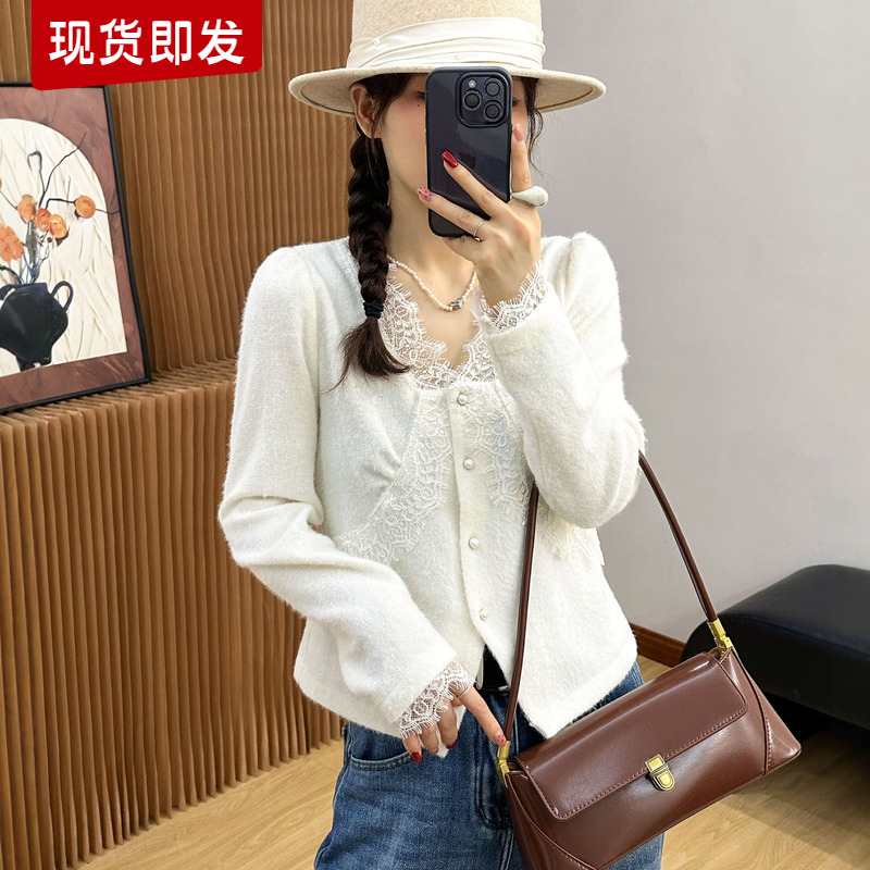 蕾丝拼接钉珠羊毛针织开衫女欧货