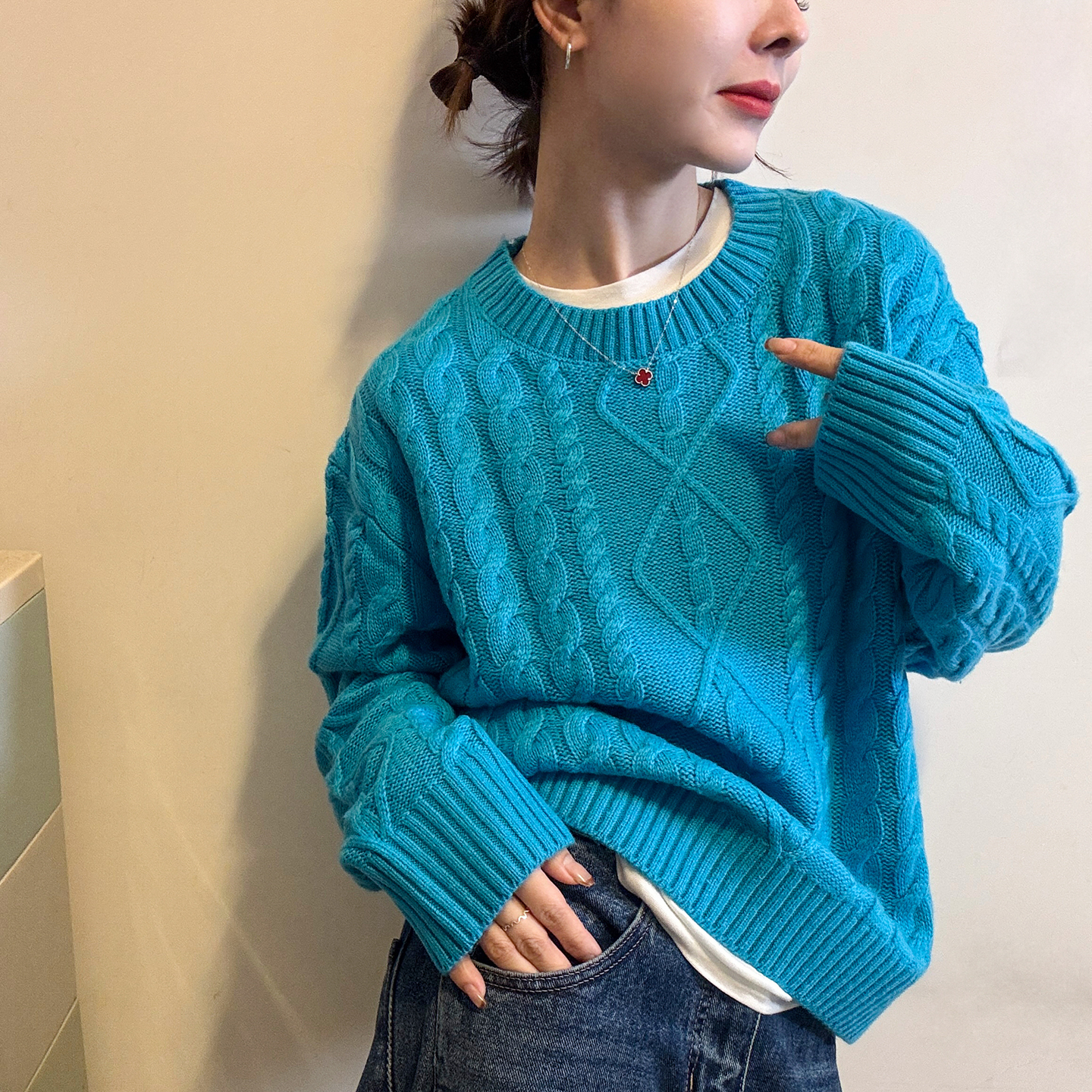 菱形格麻花羊毛针织衫女欧货打底