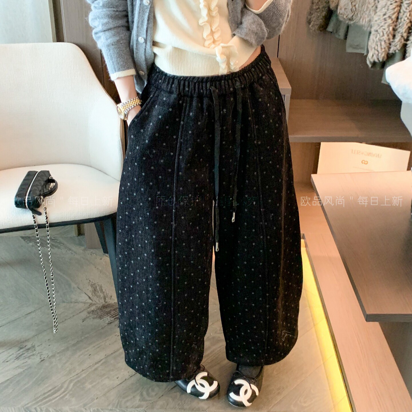 羊毛呢抽绳九分加绒阔腿裤女欧货