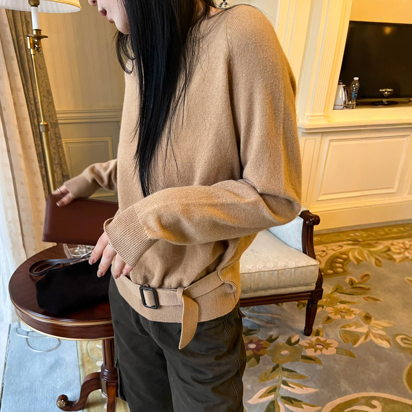 下摆系带羊毛针织衫女欧洲站毛衣