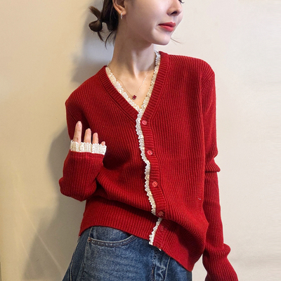 蕾丝拼接V领羊毛针织开衫女欧货