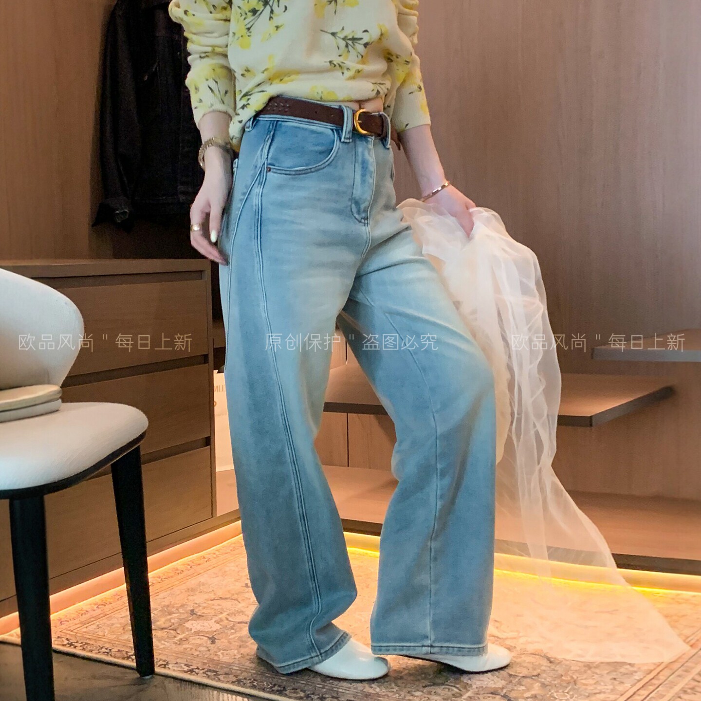 浅蓝色拖地阔腿牛仔裤女欧货裤子