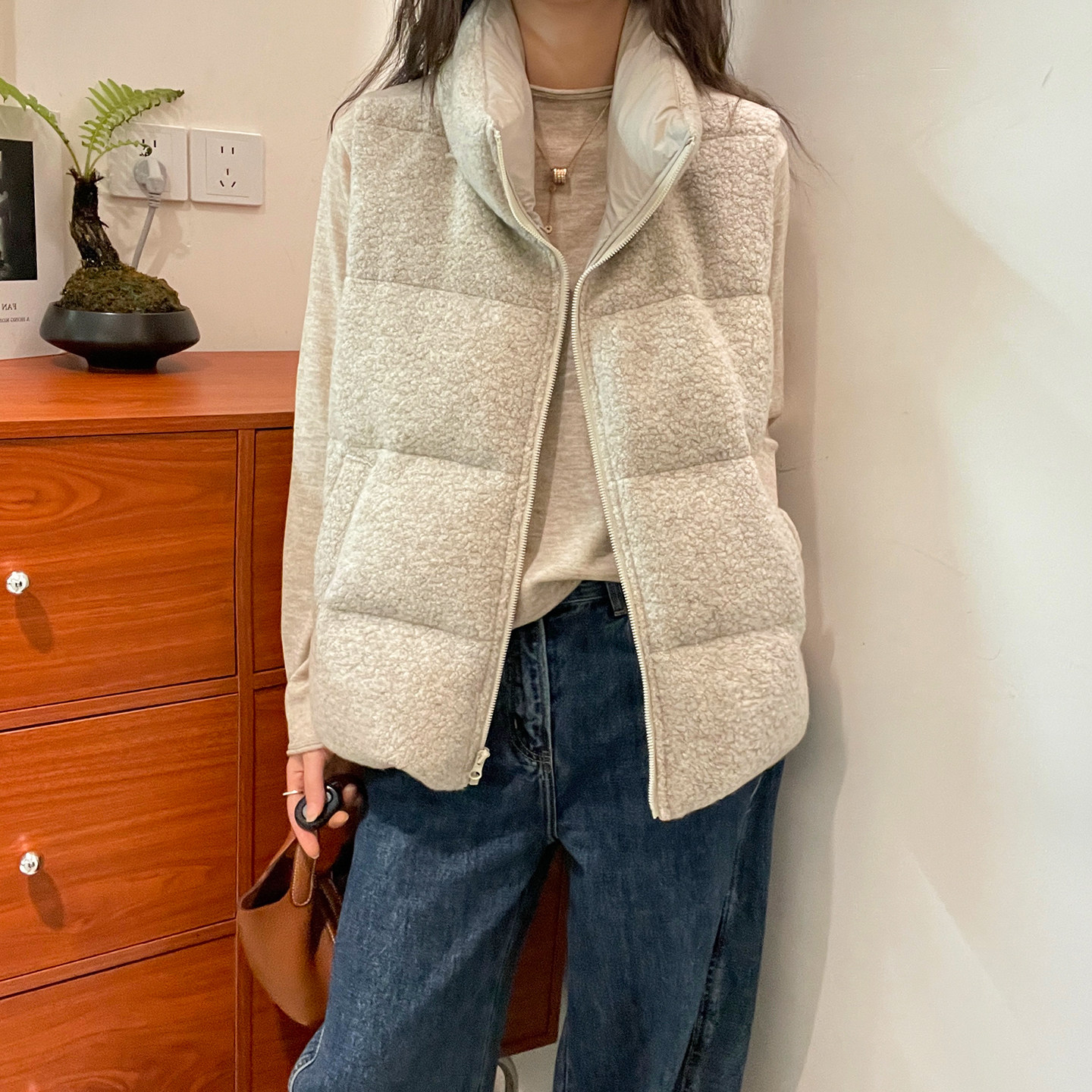 90白鹅绒羊毛呢羽绒服女欧货外套