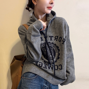 复古印花连帽羊毛针织衫女欧洲站2025冬装新款欧货女装打底毛衣潮