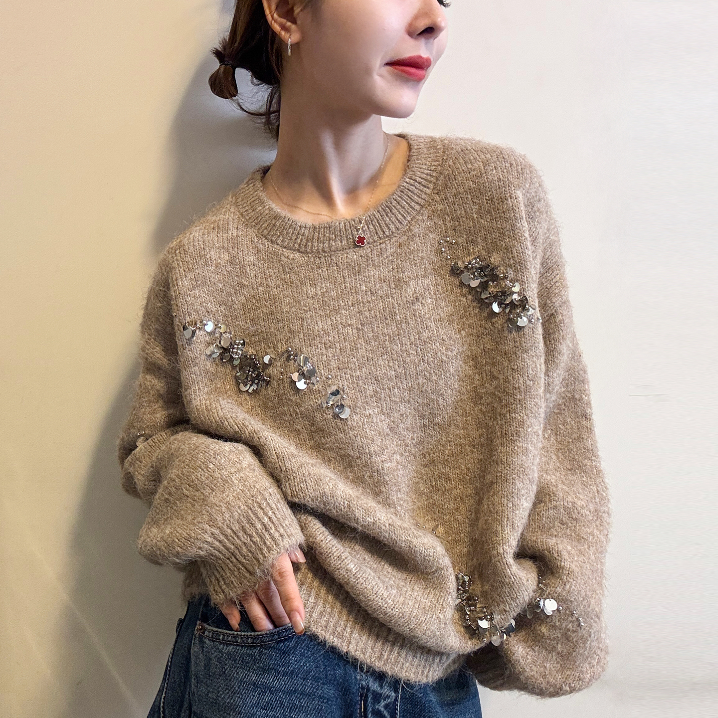 重工亮片细羊毛针织衫女欧货打底