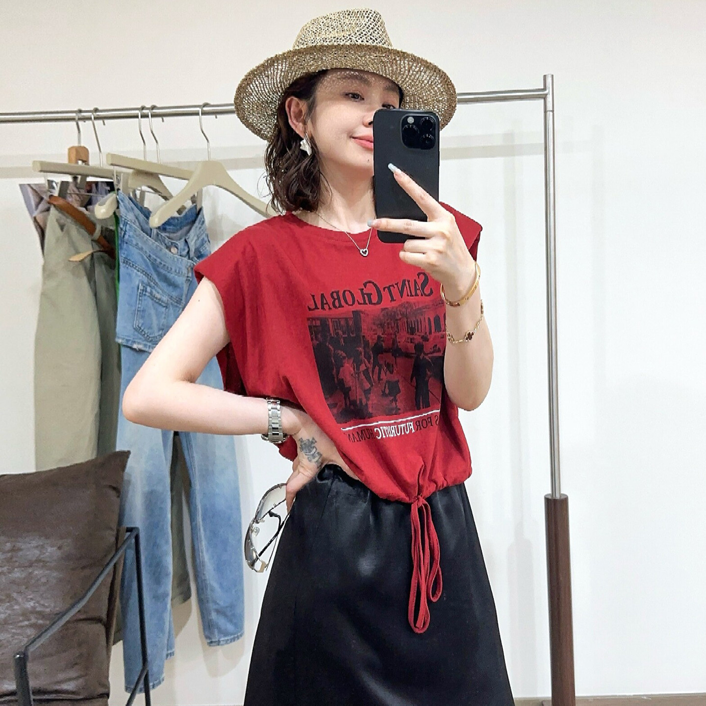 下摆抽绳字母印花短袖T恤女欧货