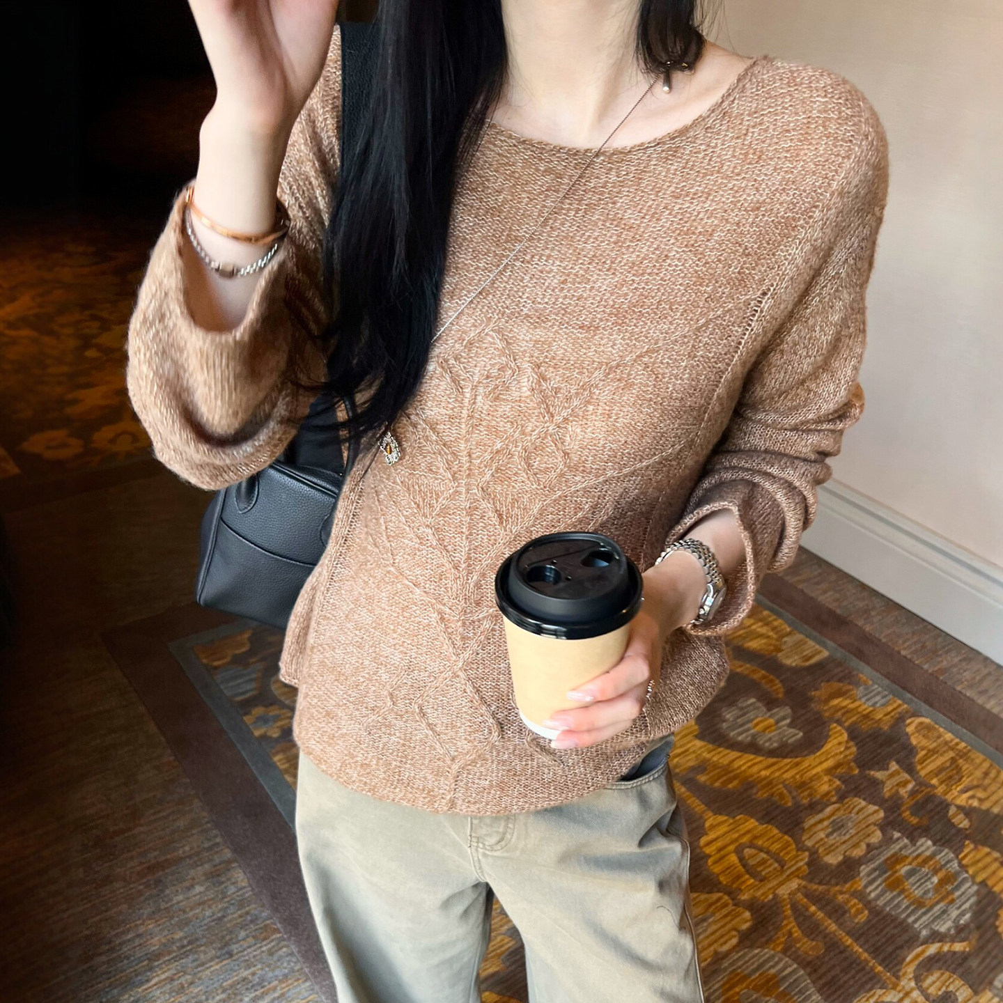 菱形格钩花羊毛针织衫女欧洲站潮