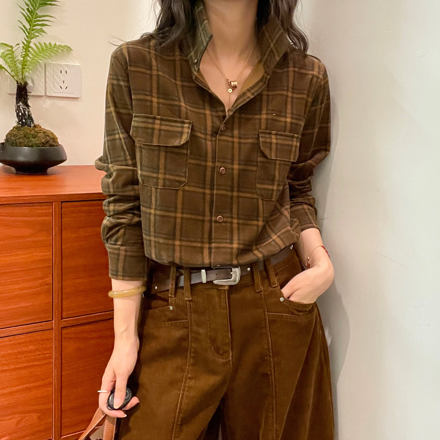 复古立领工装格子衬衫女欧货上衣