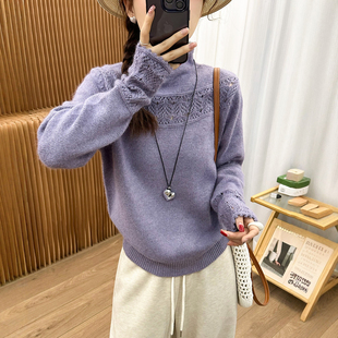 打底衫 镂空卷边半高领羊毛针织衫 欧货女装 新款 潮 女欧洲站2025冬装