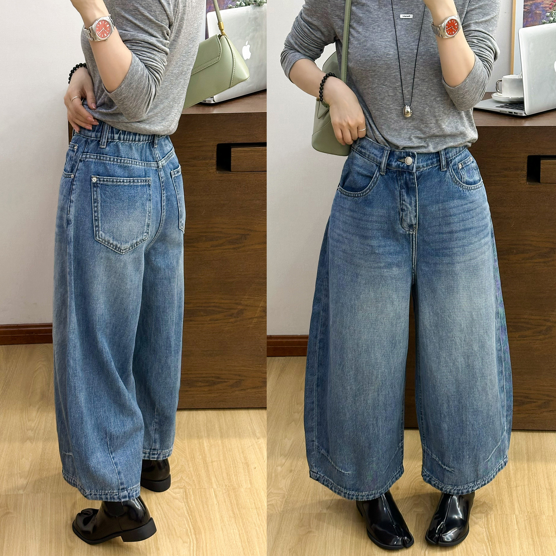 后松紧腰弯刀阔腿牛仔裤女欧洲站2026春装新款欧货女装九分裤子潮