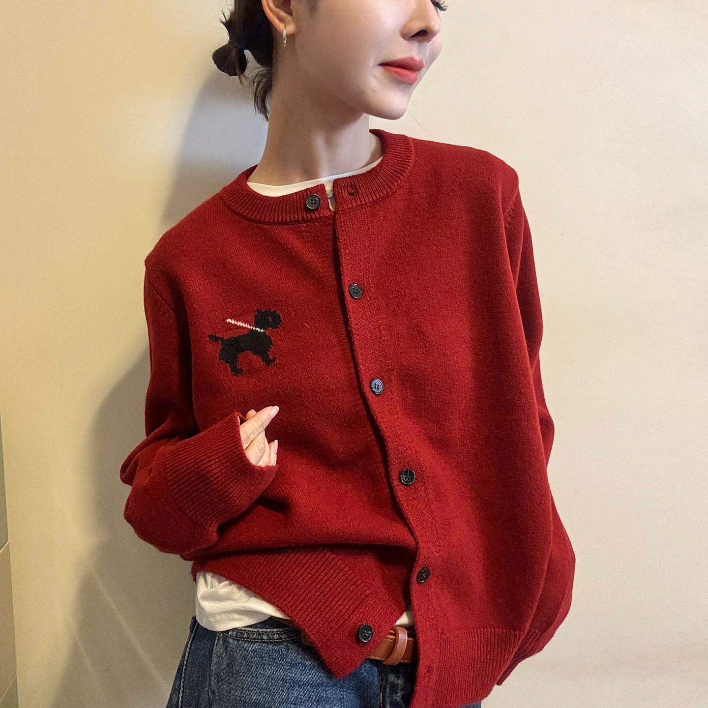小狗刺绣羊毛针织开衫女欧洲站2025冬装新款欧货女装毛衣短外套潮