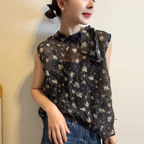 复古碎花飘带气质衬衫女欧洲站潮