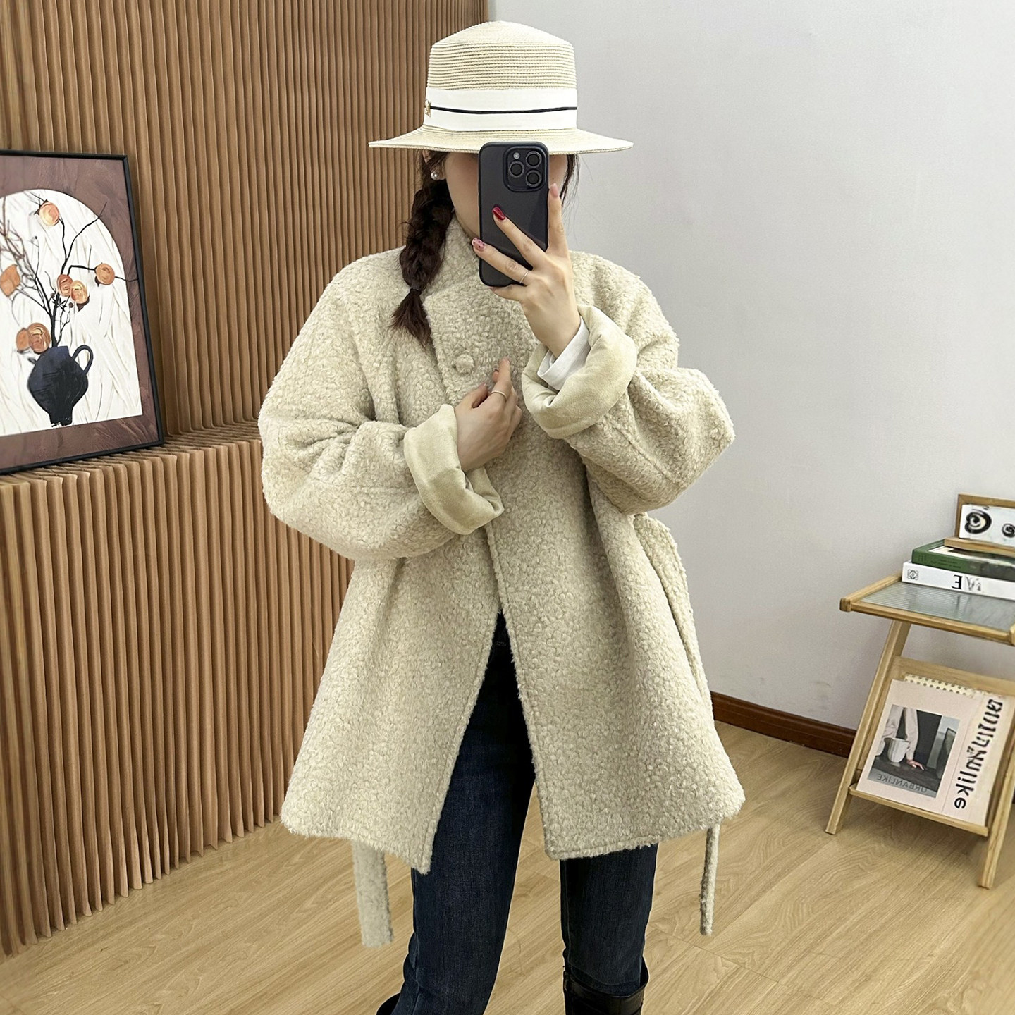 羊毛呢系带收腰羽绒服女欧洲站2025冬装新款欧货女装中长款外套潮