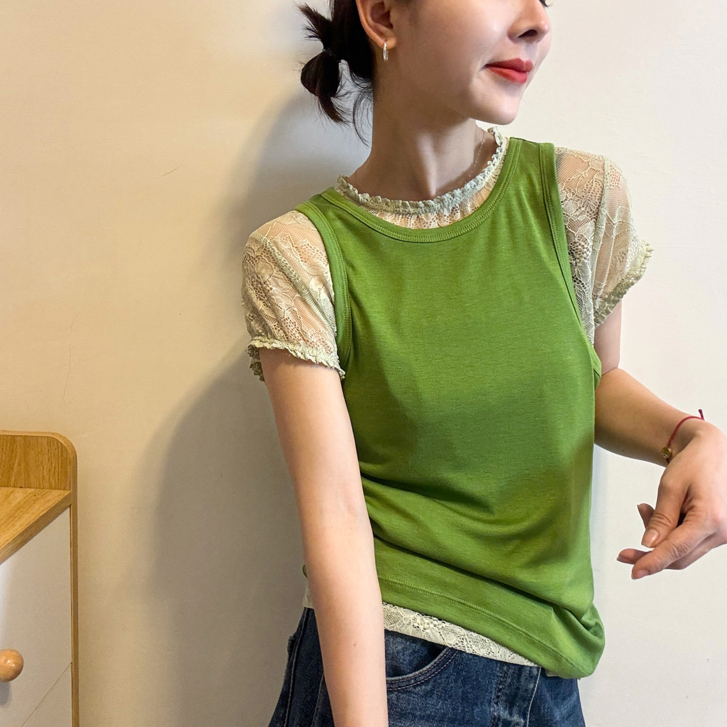 蕾丝拼接面膜短袖T恤两件套上衣女欧洲站2026夏季新款欧货女装潮