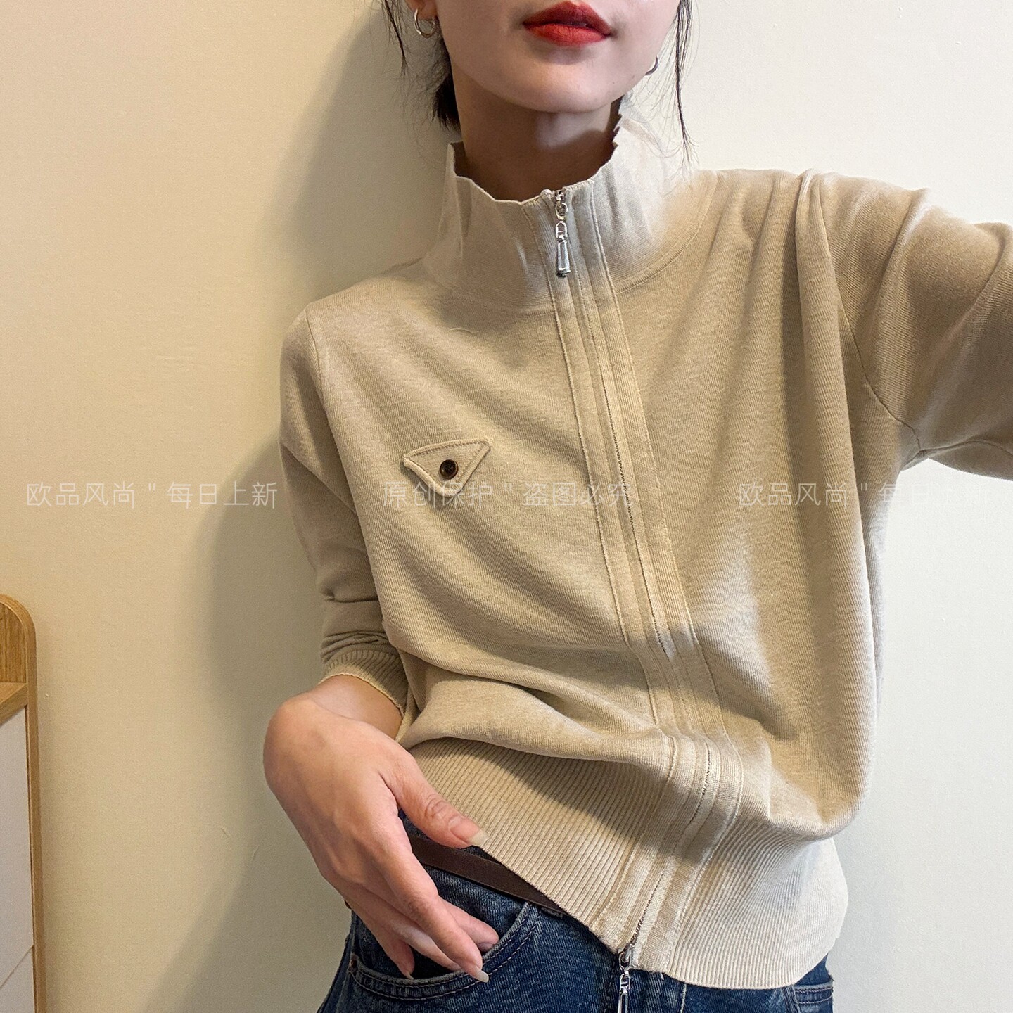 贴标高领绵羊毛针织开衫女欧洲站