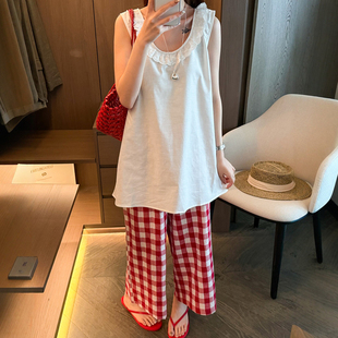 荷叶边A字棉麻衬衫阔腿裤两件套装女欧洲站2026夏季新款欧货女装