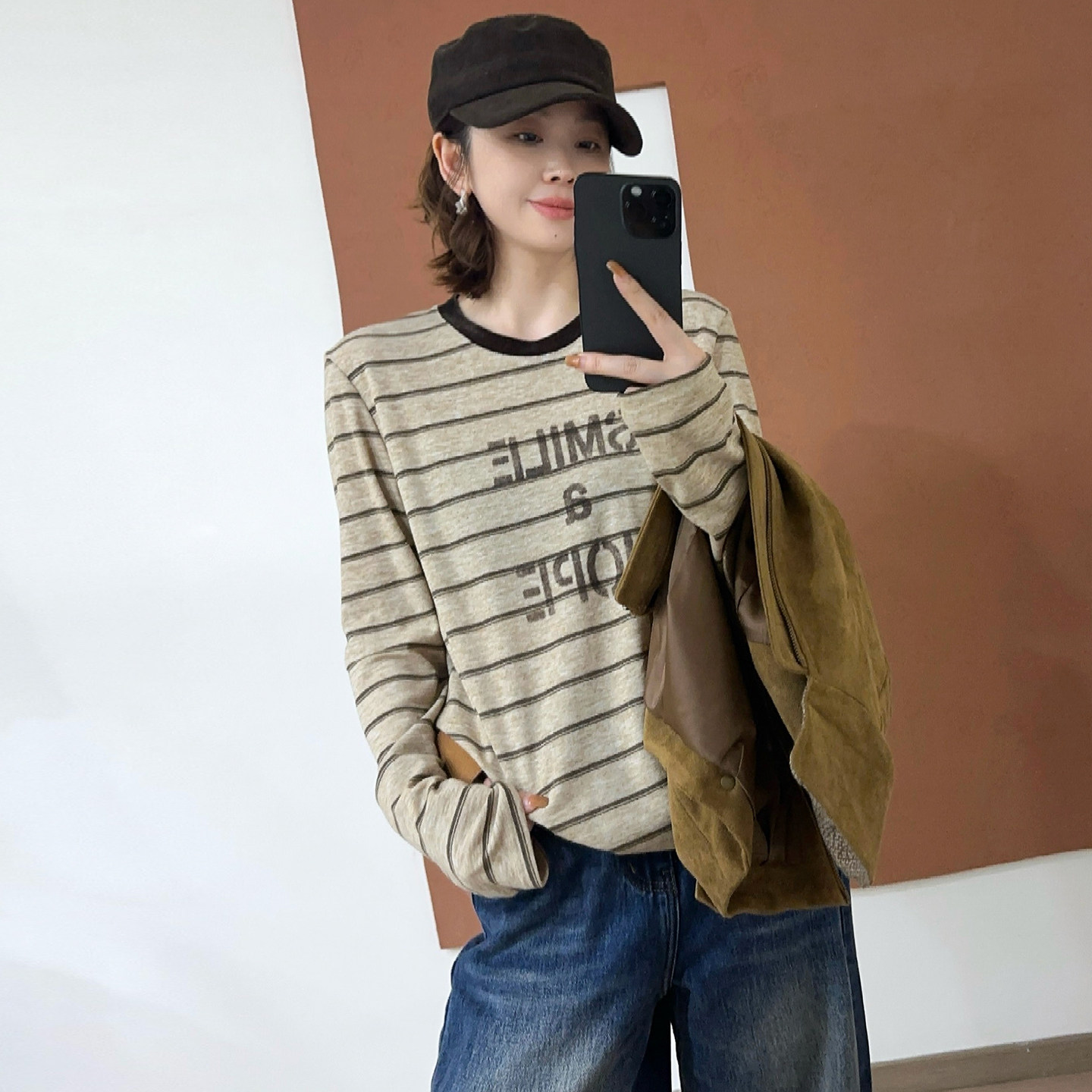 字母印花条纹面膜T恤女欧洲站潮