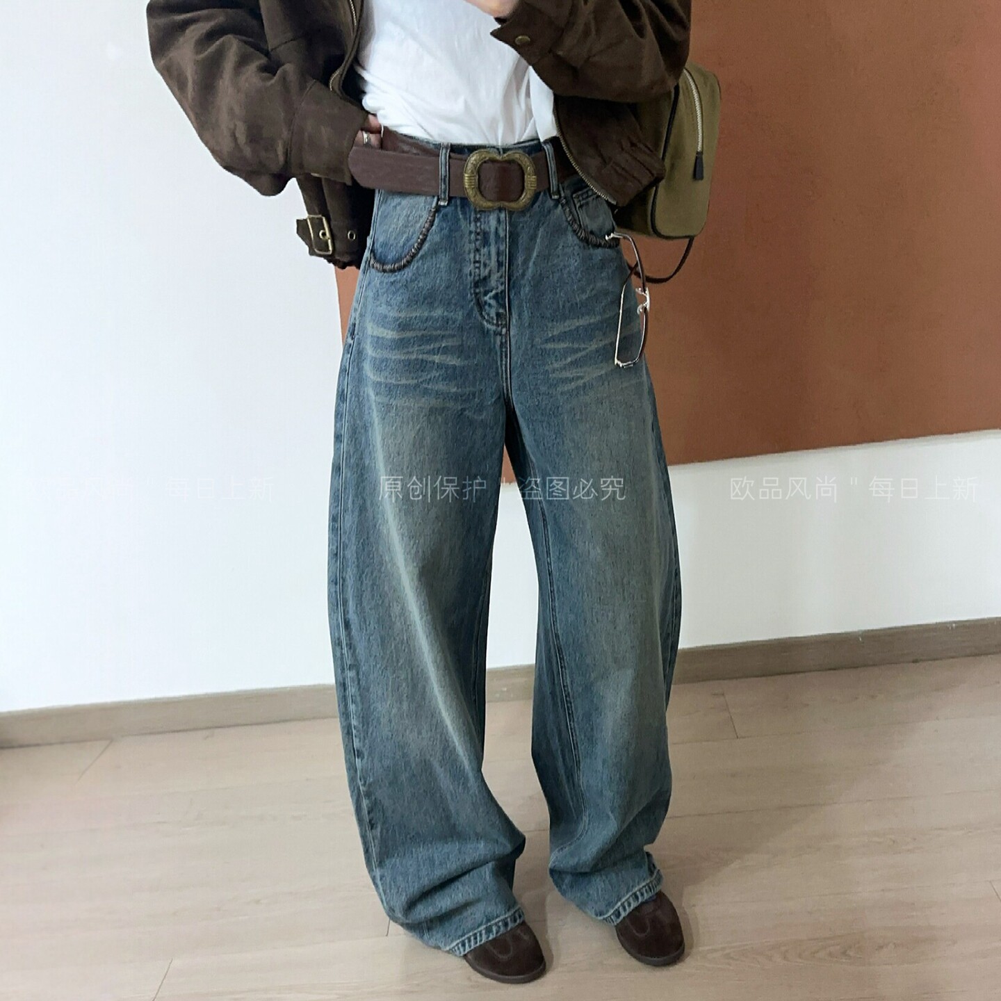 复古做旧拖地阔腿牛仔裤女欧洲站