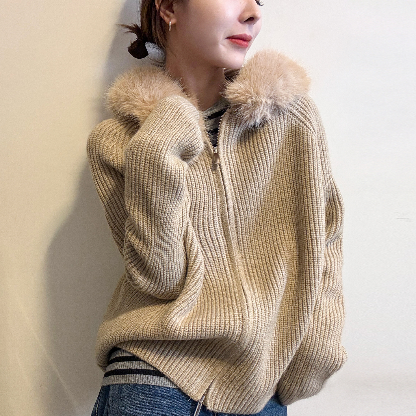 狐狸毛领细羊毛针织开衫女欧洲站