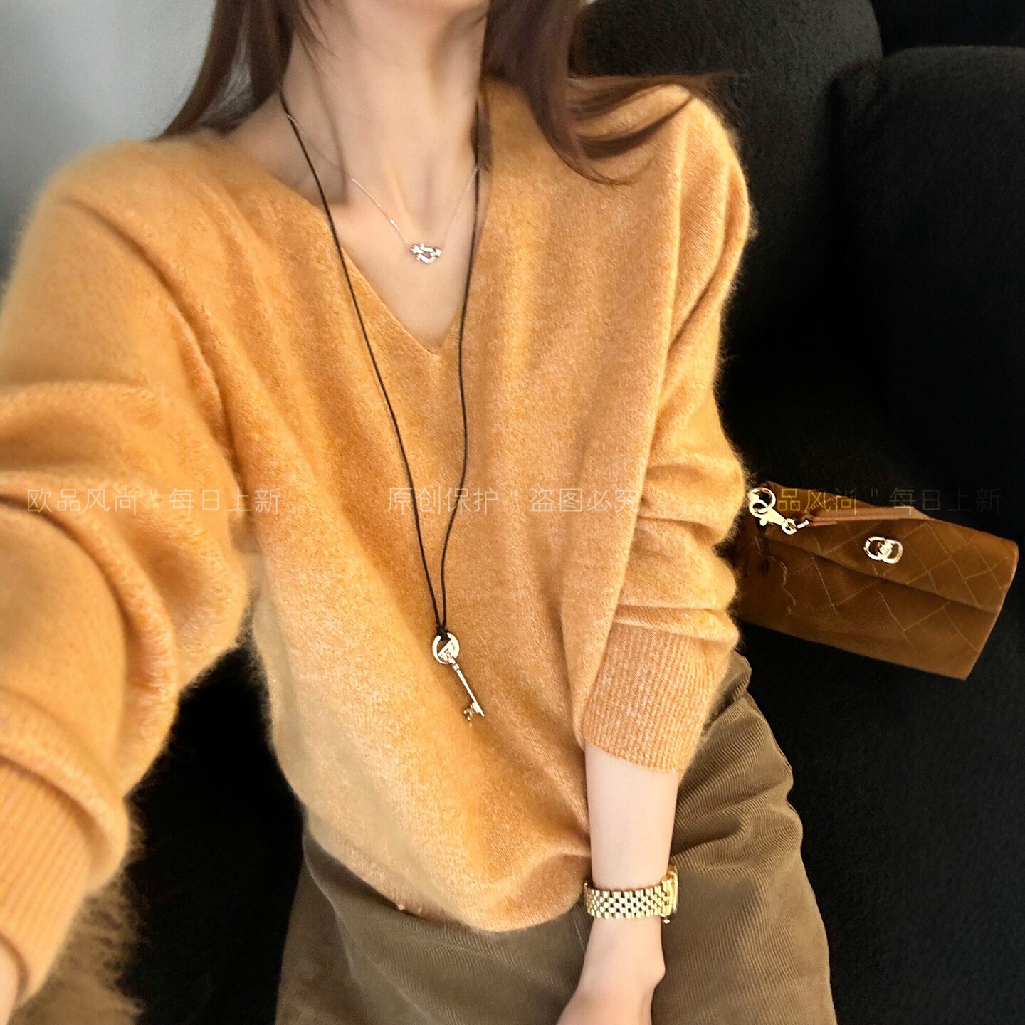 拉毛羊绒V领羊毛针织衫女欧洲站
