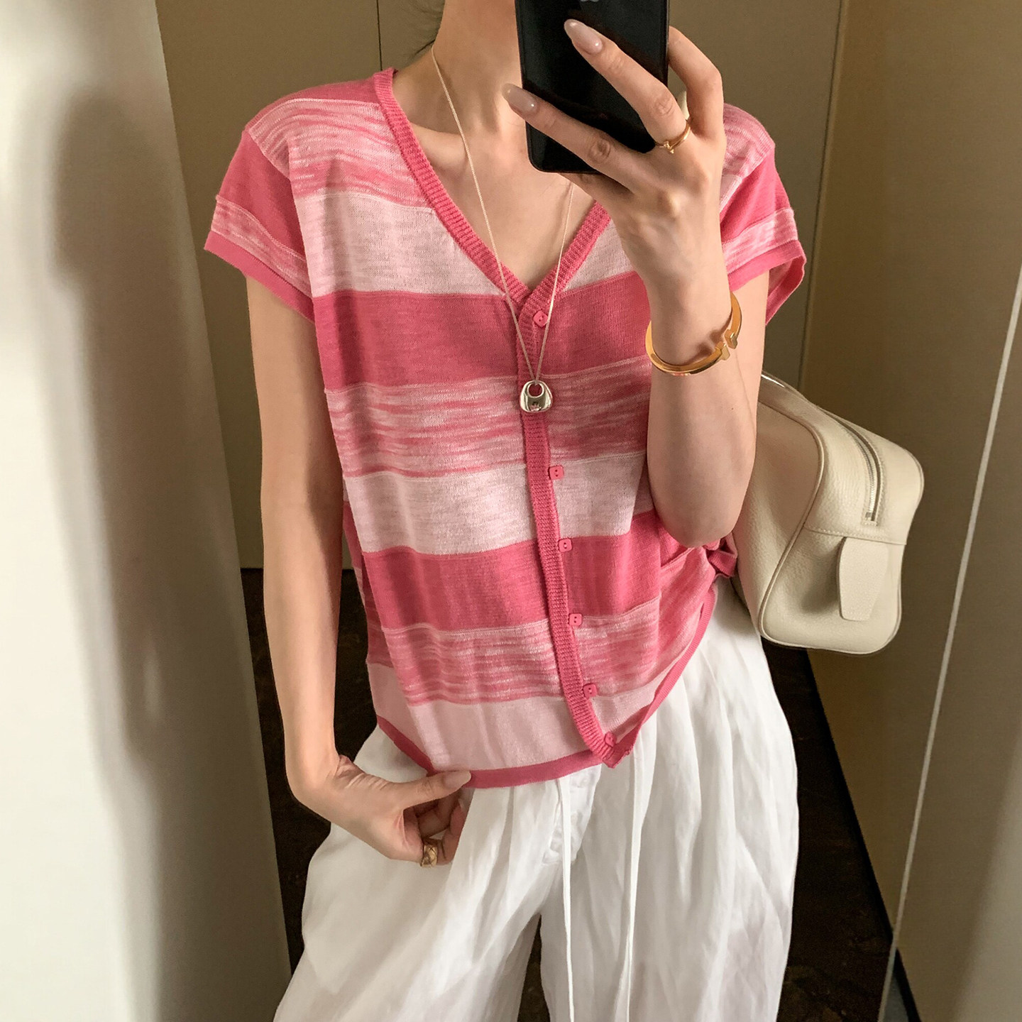 渐变色条纹冰丝针织开衫女欧洲站