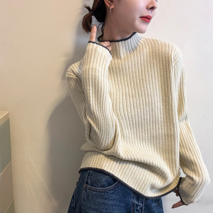 欧货女装 新款 打底毛衣潮 女欧洲站2025冬装 撞色坑条高领羊毛针织衫