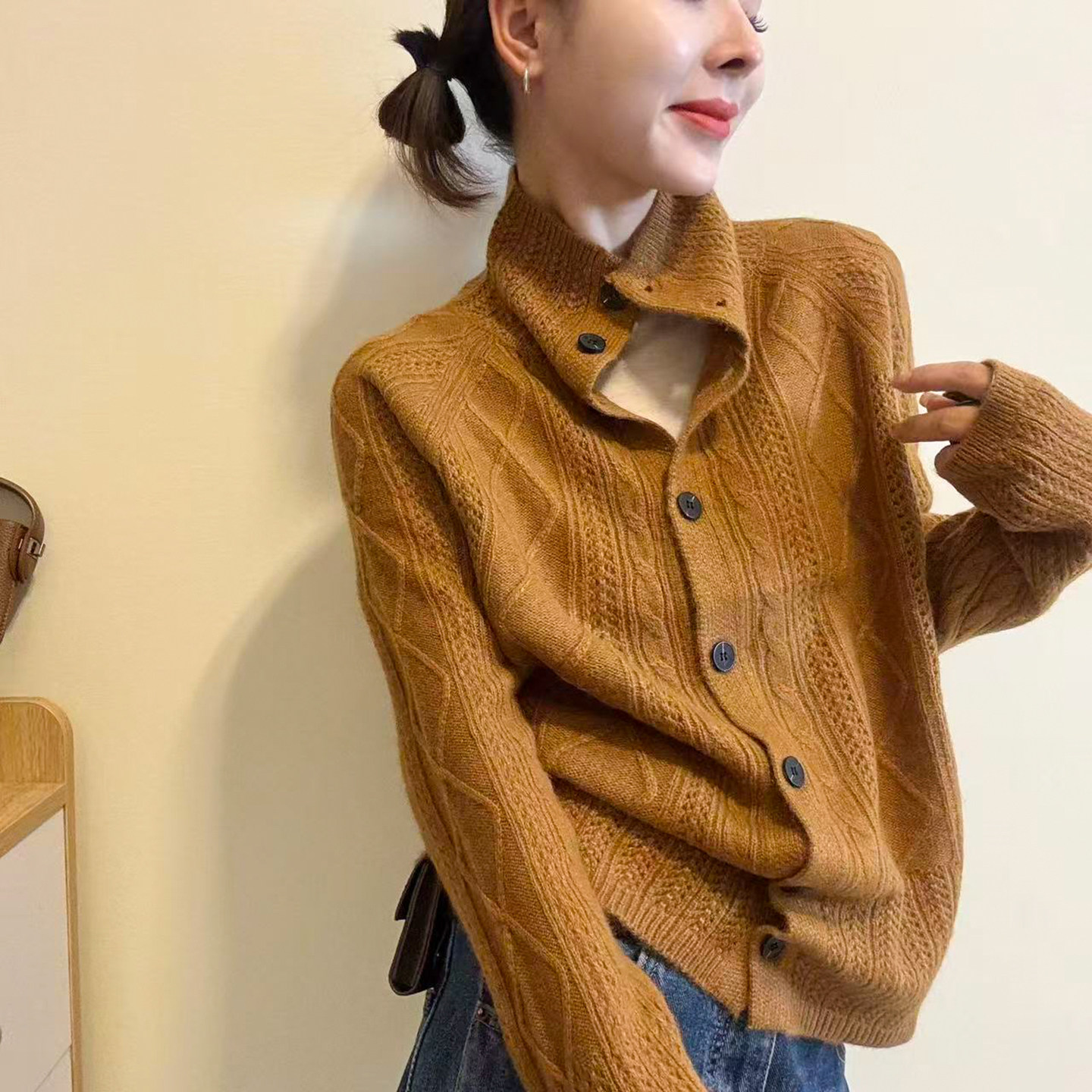 菱形格高领羊毛针织开衫女欧洲站