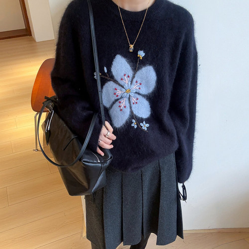 立体花朵羊毛拉绒针织衫女欧洲站