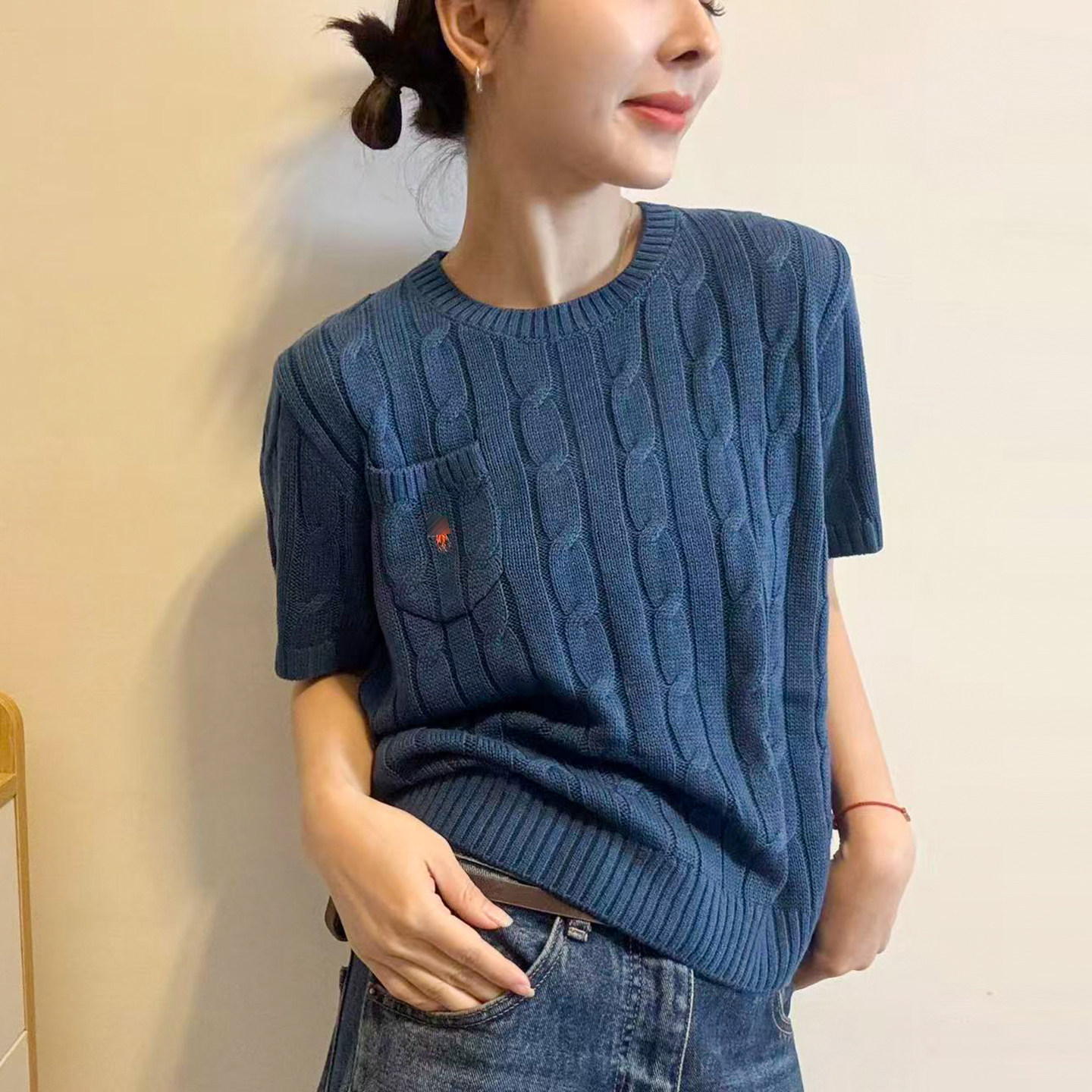 刺绣麻花纹绵羊毛针织衫女欧洲站